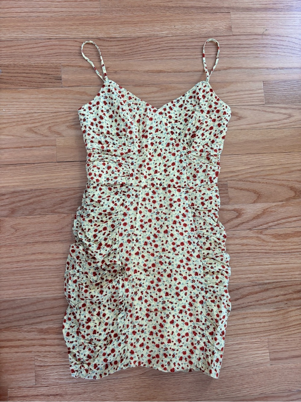 Ruched Spaghetti-Strap Mini Dress in Yellow with Red Floral